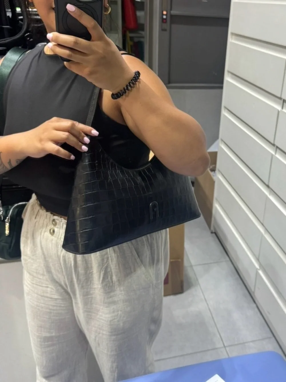 Furla Diamante Black Crocodile Embossed Shoulder Bag - Picture 10 of 10